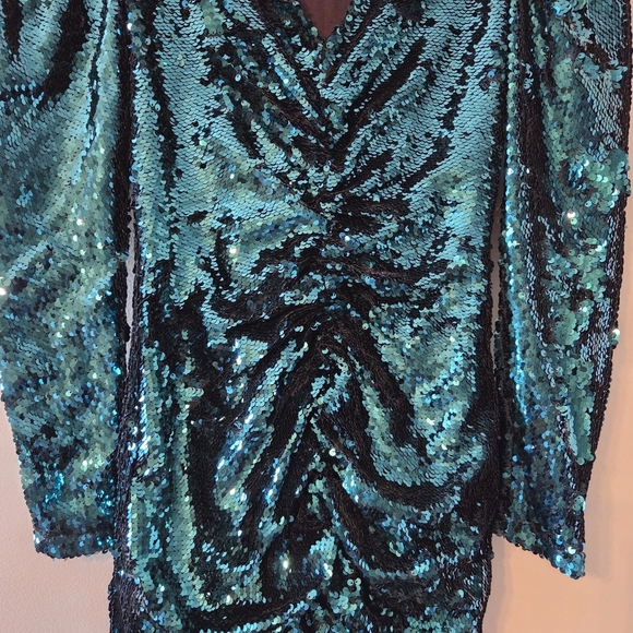 Zara Green Sequin Puff Sleeve Draped Bodycon Mini Long Sleeve Ruched Size XS - Picture 10 of 16